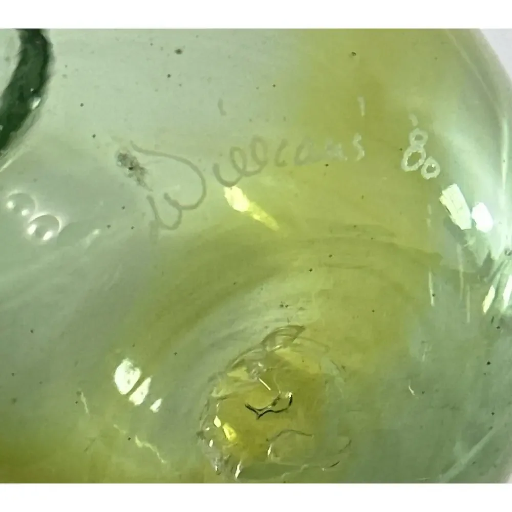 Vintage 1980 Williams Signed Hand Blown Art Glass Vase Green Yellow 6”